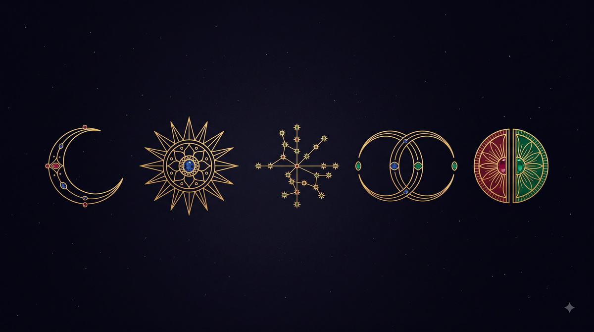 The five limbs of the panchang drawn in fine gold lines